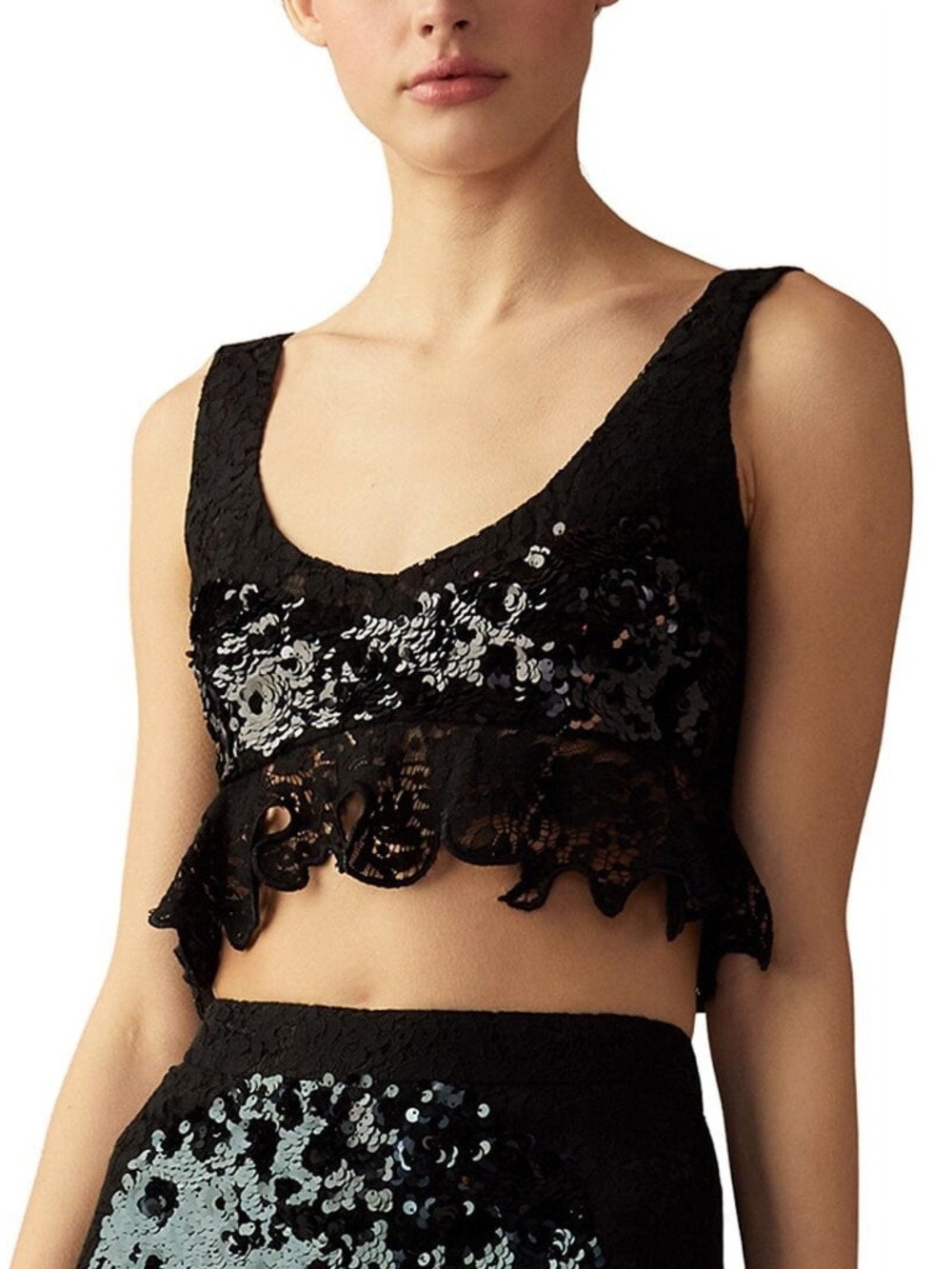 Cynthia Rowley Black Sequin Lace Cosmo Crop Tank Top New L
